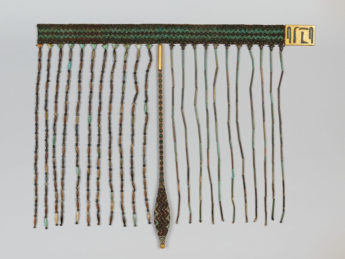 Beadwork apron of Senebtisi, Light and dark green, blue and black faience, paint