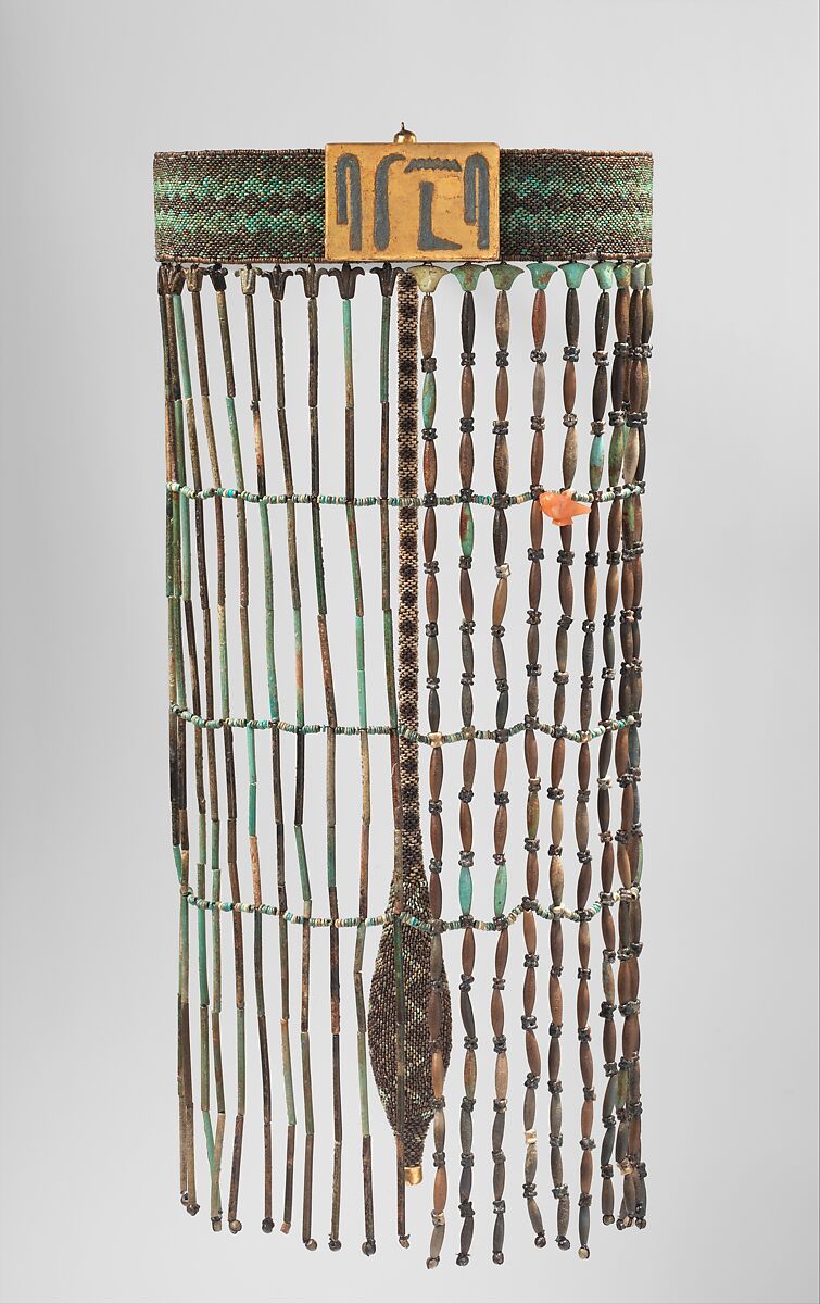 Tail (replica) for beadwork apron of Senebtisi, Light and dark green, blue and black faience, paint