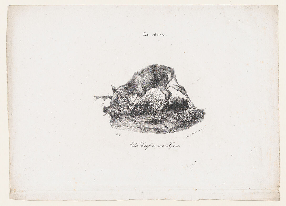 A Deer and a Lynx, Antoine-Louis Barye (French, Paris 1795–1875 Paris), Etching 