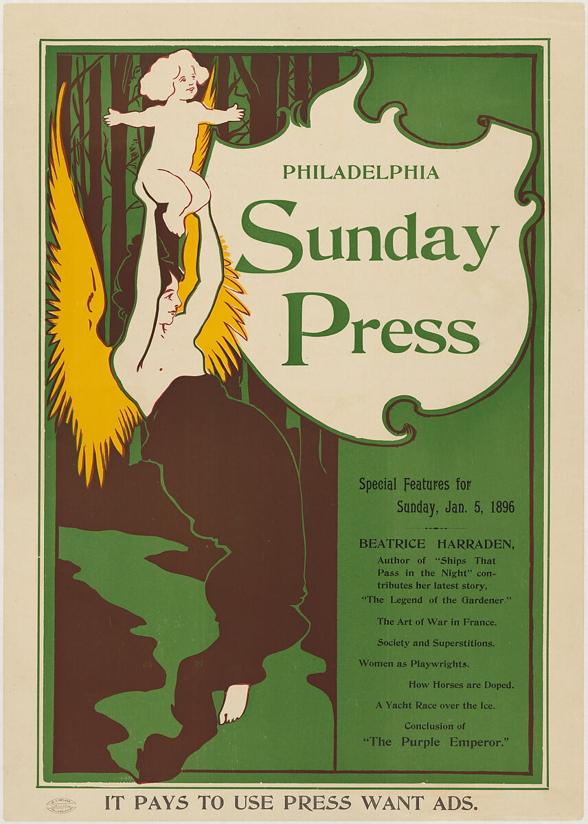 Advertisement for Philadelphia Sunday Press, Jan. 5, 1896, George Reiter Brill (American, Pittsburgh, Pennsylvania 1867–1918 Florida), Lithograph 