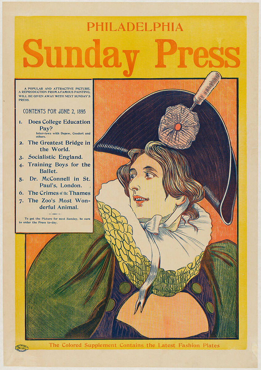 Advertisement for Philadelphia Sunday Press, June 2, 1895, George Reiter Brill (American, Pittsburgh, Pennsylvania 1867–1918 Florida), Lithograph 