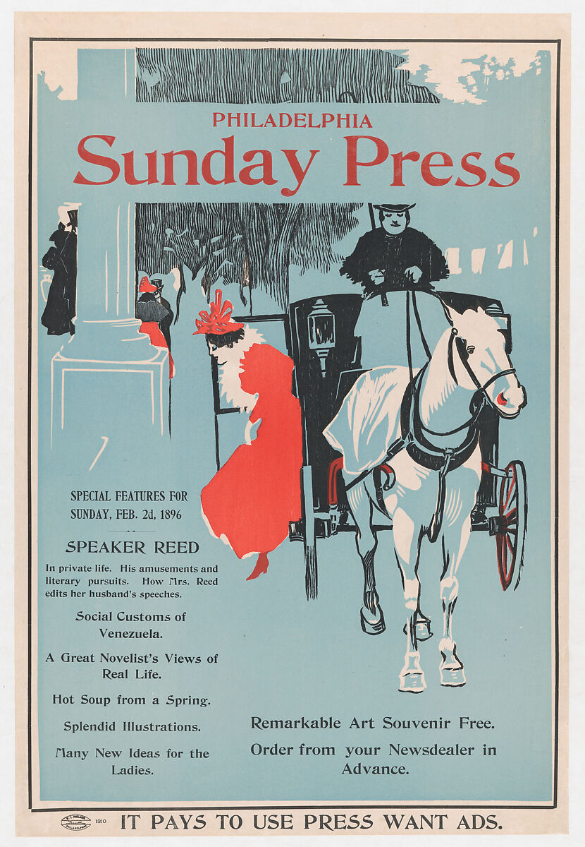Advertisement for Philadelphia Sunday Press, February 2, 1896, George Reiter Brill (American, Pittsburgh, Pennsylvania 1867–1918 Florida), Lithograph 