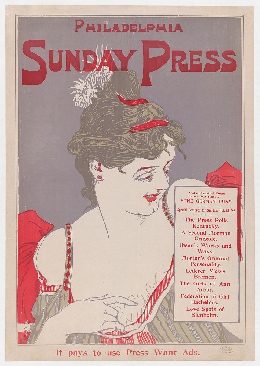 Advertisement for Philadelphia Sunday Press, Oct. 13, 1895, George Reiter Brill (American, Pittsburgh, Pennsylvania 1867–1918 Florida), Lithograph 