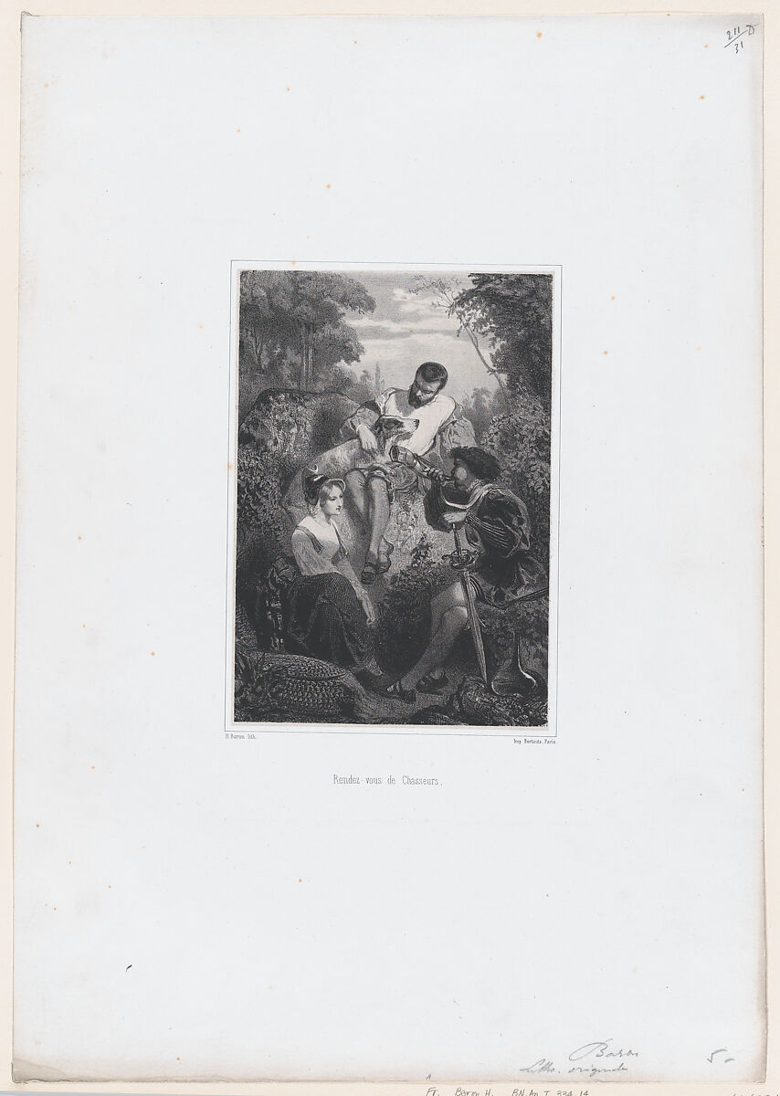 Meeting of the Hunters, Henri-Charles-Antoine Baron (French, Besançon 1816–1885 Geneva), Lithograph 