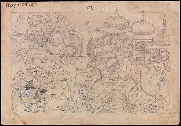 The Gods Are Ousted by an Army of Demons, folio from the unfinished Small Guler series of the Bhagavata Purana, Manaku (Indian, active ca. 1725–60), Drawing in brush and black ink, India, Punjab Hills, kingdom of Guler 
