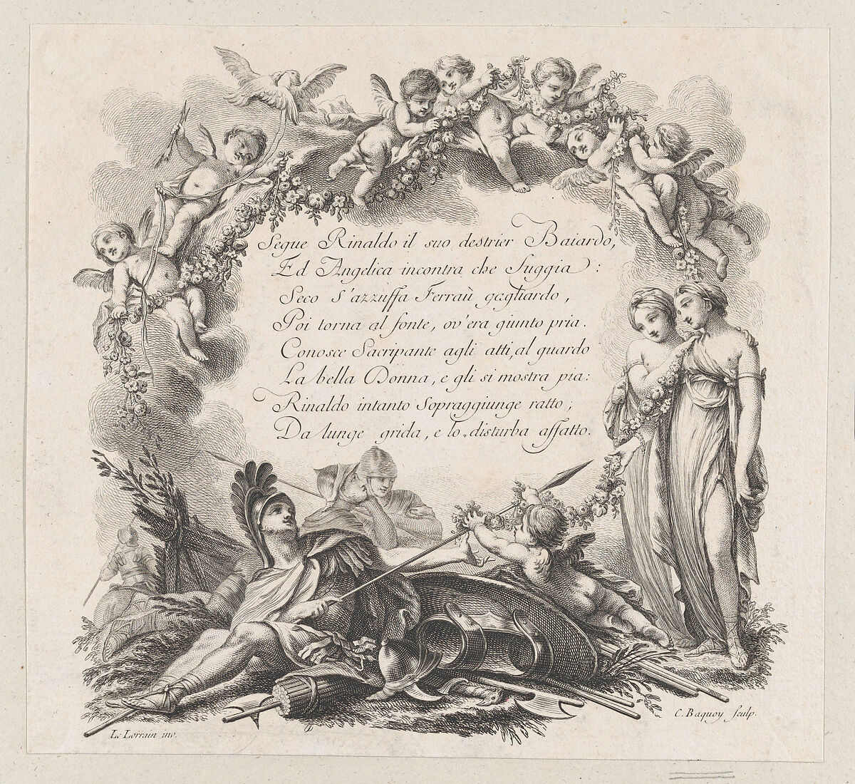Vignette for the first chant of Roland Furieux, C. Baquoy (French, 18th century), Etching and engraving 