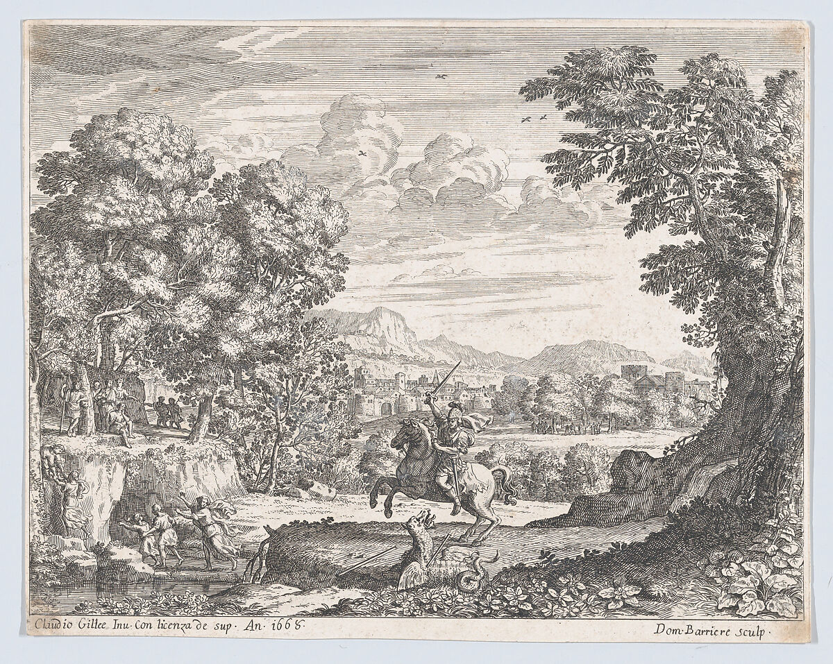 Bellerophon Vanquishing the Chimera, Dominique Barrière (French, Marseille 1610–1678), Etching 