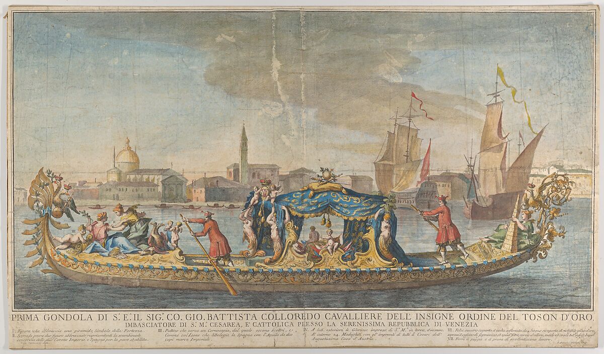 The highly ornamented first gondola of Ambassador Giovanni Battista Colloreado entering Venice, Giovanni Antonio Faldoni (Italian, ca. 1690–ca. 1770), Hand colored engraving, mounted on board 