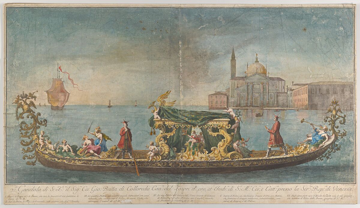 The highly ornamented second gondola of Ambassador Giovanni Battista Colloreado entering Venice, Giovanni Antonio Faldoni (Italian, ca. 1690–ca. 1770), Hand colored engraving and etching, mounted on board 