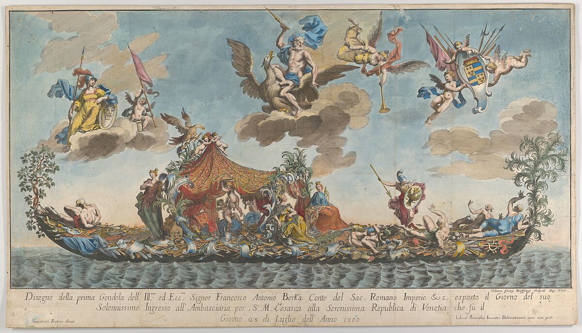The highly ornamented first gondola of Francesco Antonio Berka entering Venice, Gods on clouds in the sky, Johann Georg Wolfgang (German), Hand coloured engraving  and etching 