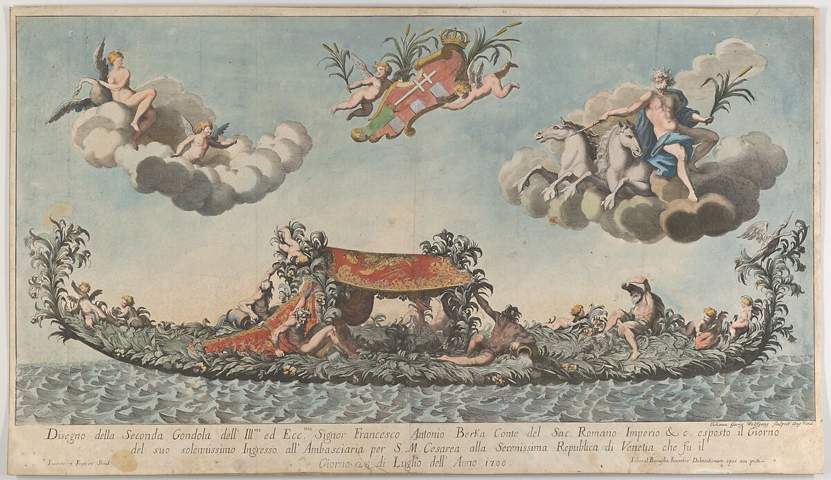 The highly ornamented second gondola of Francesco Antonio Berka entering Venice, Gods on clouds in the upper section, Johann Georg Wolfgang (German), Hand coloured engraving  and etching 