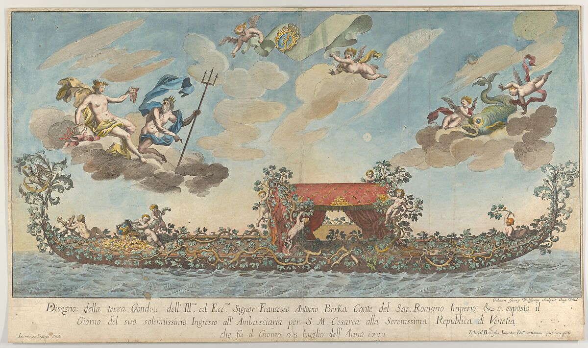 The highly ornamented third gondola of Francesco Antonio Berka entering Venice, Gods on clouds in the upper section, Johann Georg Wolfgang (German), Hand coloured engraving and etching 