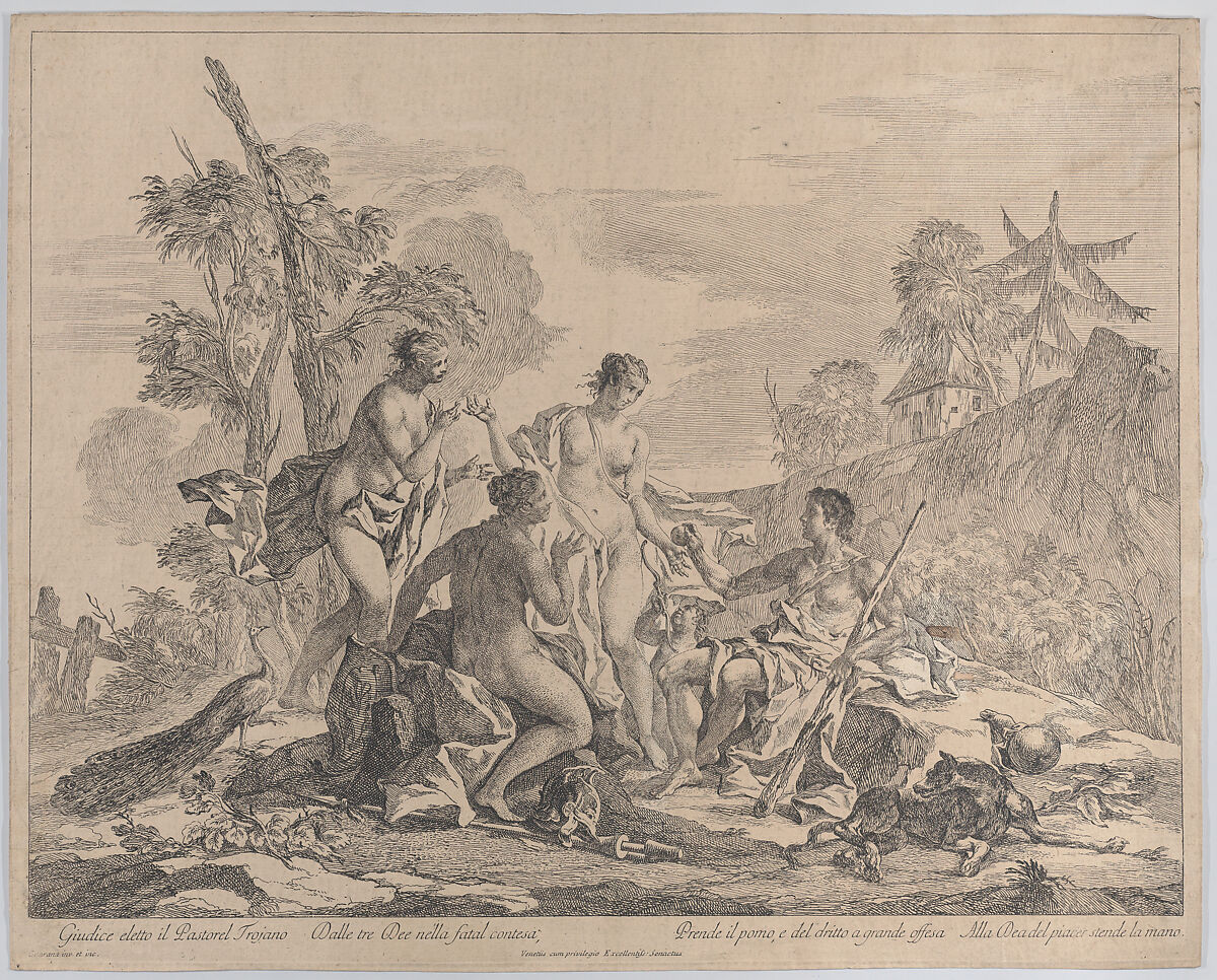 The shepherd Paris sitting on the right, holding a staff and handing an apple to Venus accompanied by two nymphs, Jacopo Guarana (Italian, Venice 1720–1808 Venice), Etching 