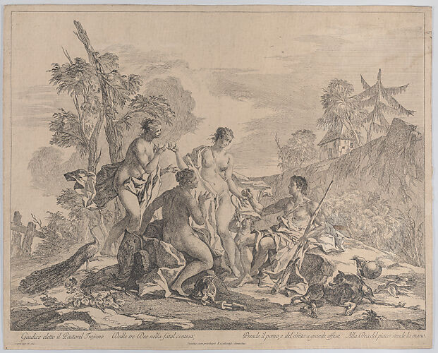 The shepherd Paris sitting on the right, holding a staff and handing an apple to Venus accompanied by two nymphs