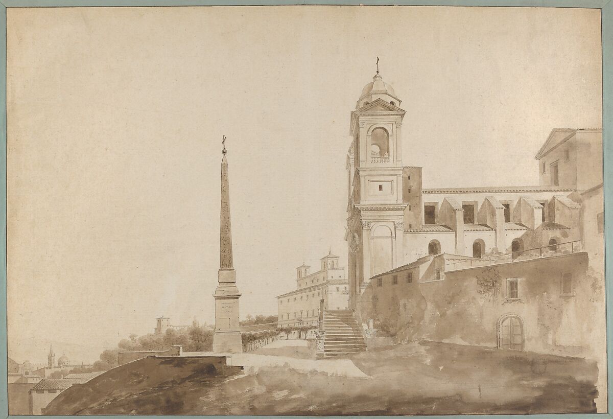 The Church of the Trinità dei Monti and the Villa Medici, Rome, François Marius Granet (French, Aix-en-Provence 1775–1849 Aix-en-Provence), Brush and brown wash over graphite underdrawing 