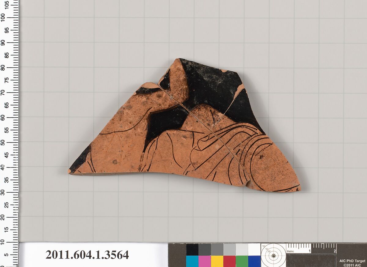 Terracotta fragment of a kylix (drinking cup), Terracotta, Greek, Attic