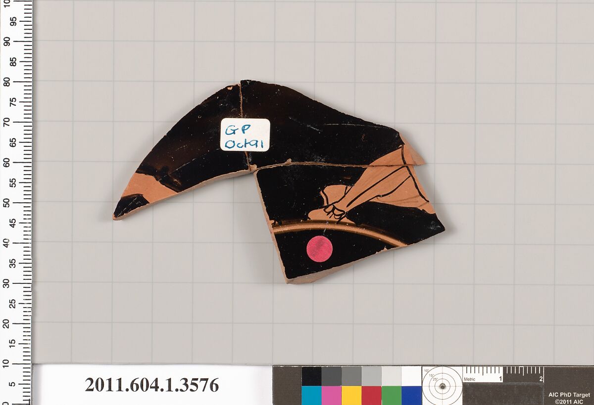 Terracotta fragment of a kylix (drinking cup), Terracotta, Greek, Attic