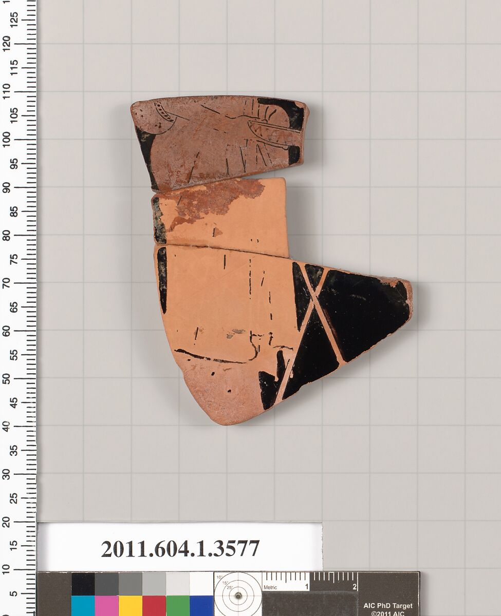 Terracotta fragment of a kylix (drinking cup), Terracotta, Greek, Attic