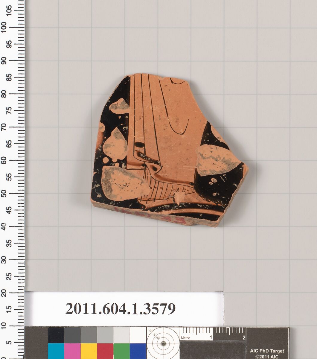 Terracotta fragment of a kylix (drinking cup), Terracotta, Greek, Attic