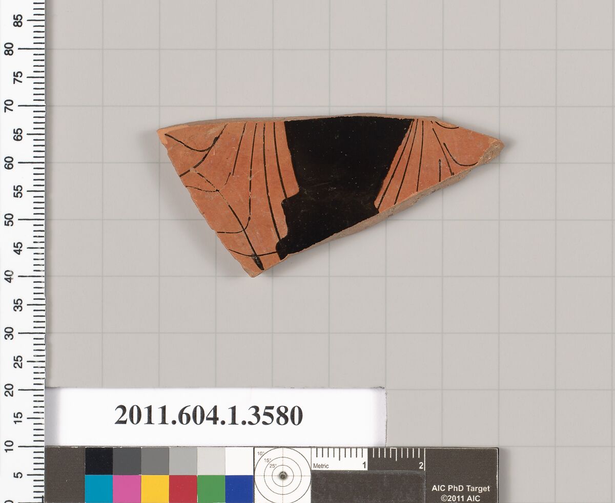 Terracotta fragment of a kylix (drinking cup), Terracotta, Greek, Attic