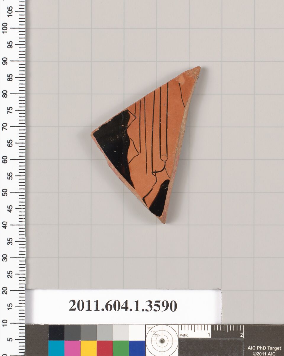 Terracotta fragment of a kylix (drinking cup), Terracotta, Greek, Attic
