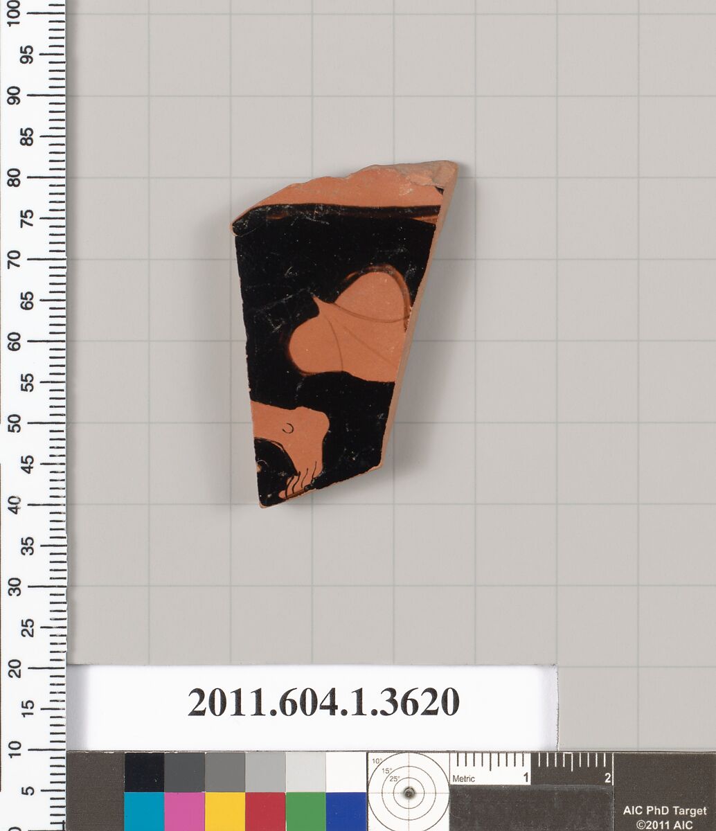 Terracotta fragment of a kylix (drinking cup), Terracotta, Greek, Attic