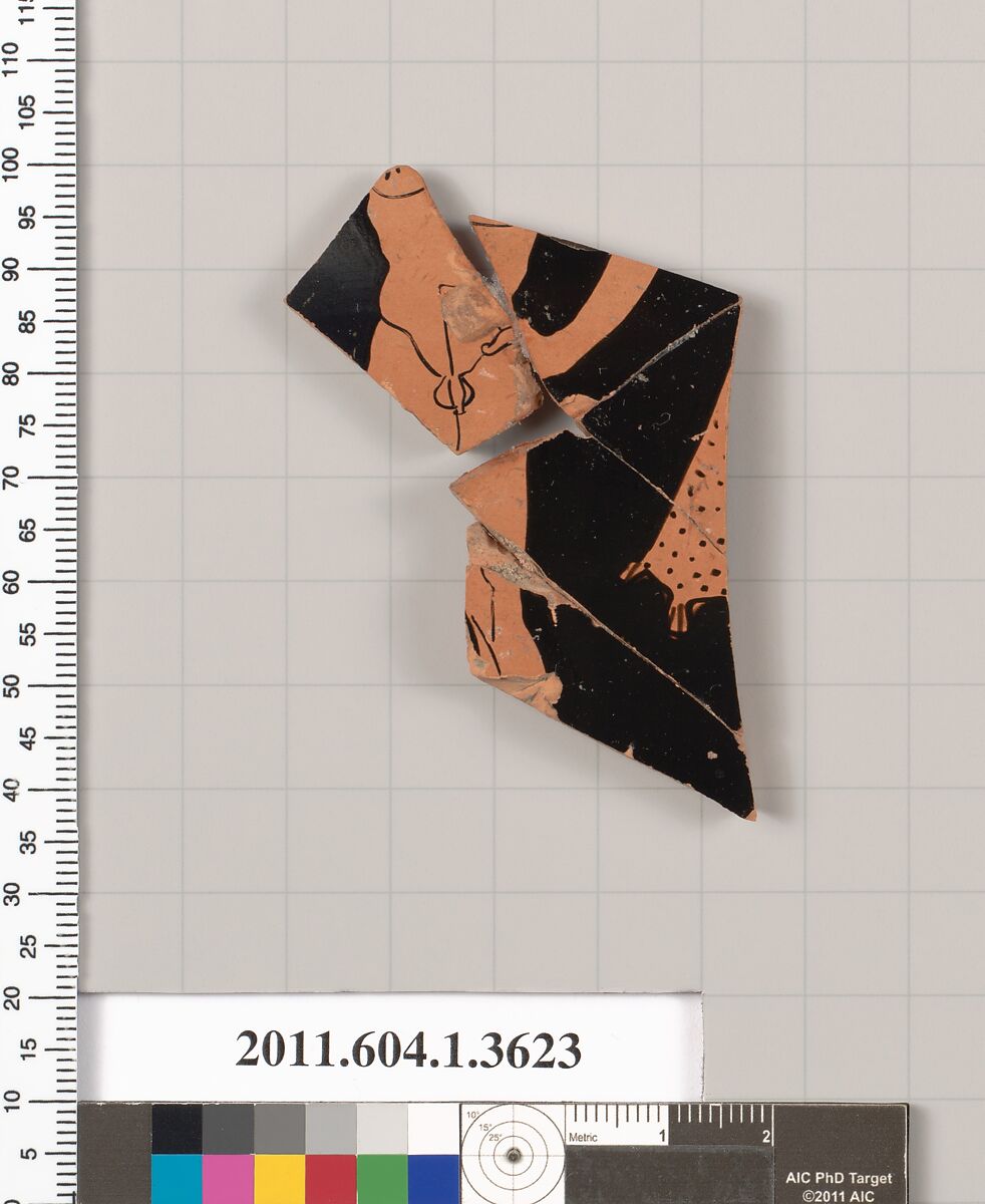 Terracotta fragment of a kylix (drinking cup), Terracotta, Greek, Attic