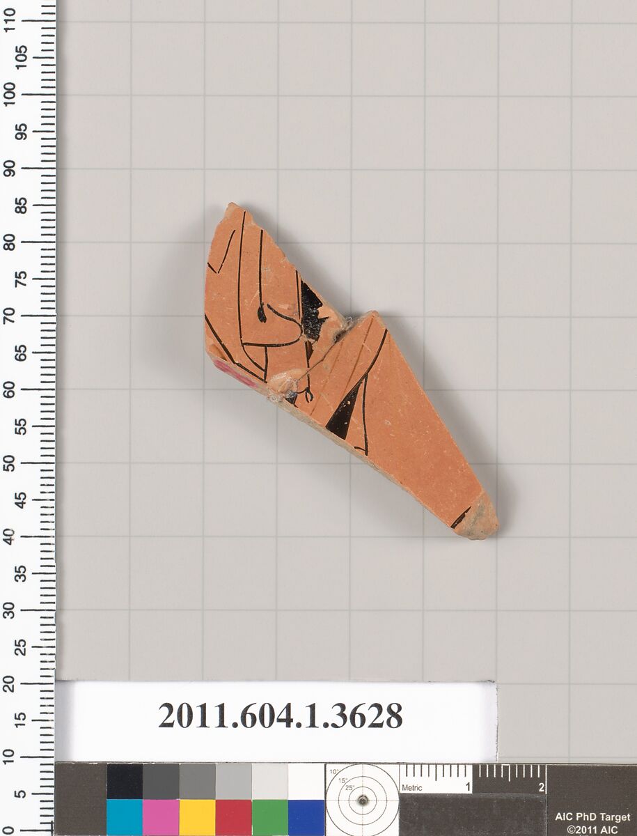 Terracotta fragment of a kylix (drinking cup), Terracotta, Greek, Attic