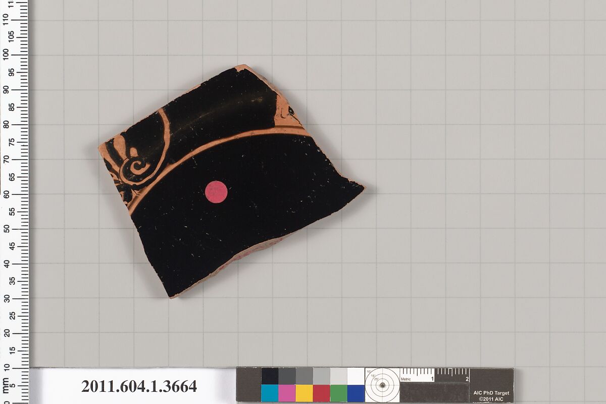 Terracotta fragment of a kylix (drinking cup), Terracotta, Greek, Attic