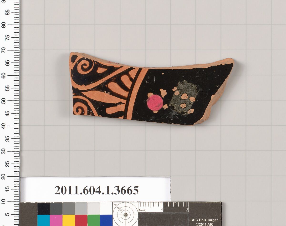 Terracotta fragment of a kylix (drinking cup), Terracotta, Greek, Attic