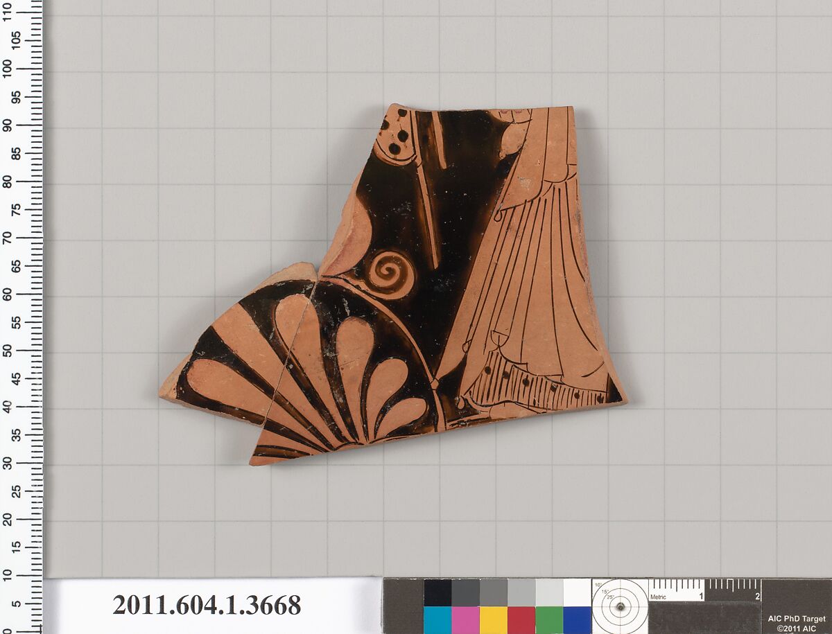 Terracotta fragment of a kylix (drinking cup), Terracotta, Greek, Attic