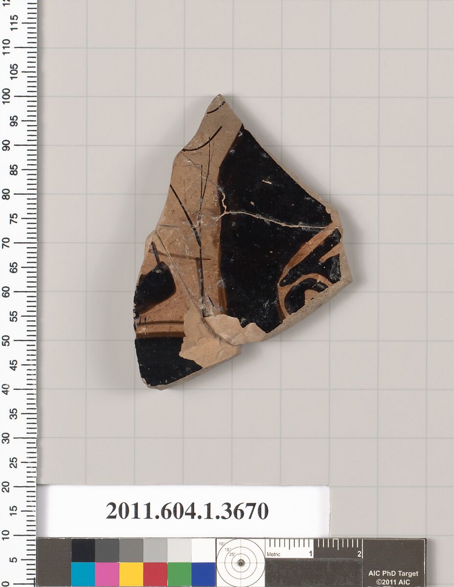 Terracotta fragment of a kylix (drinking cup), Terracotta, Greek, Attic