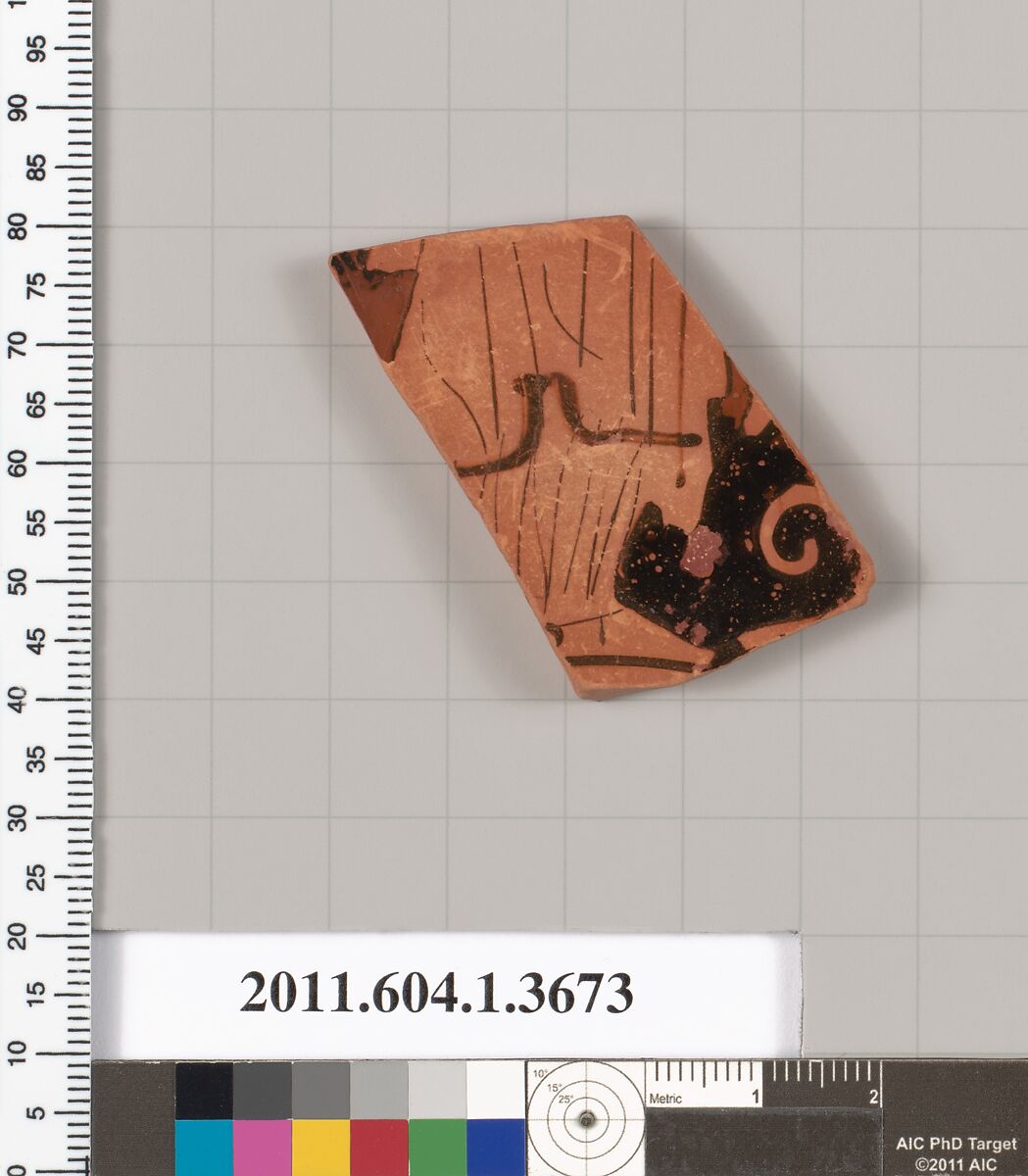 Terracotta fragment of a kylix (drinking cup), Terracotta, Greek, Attic