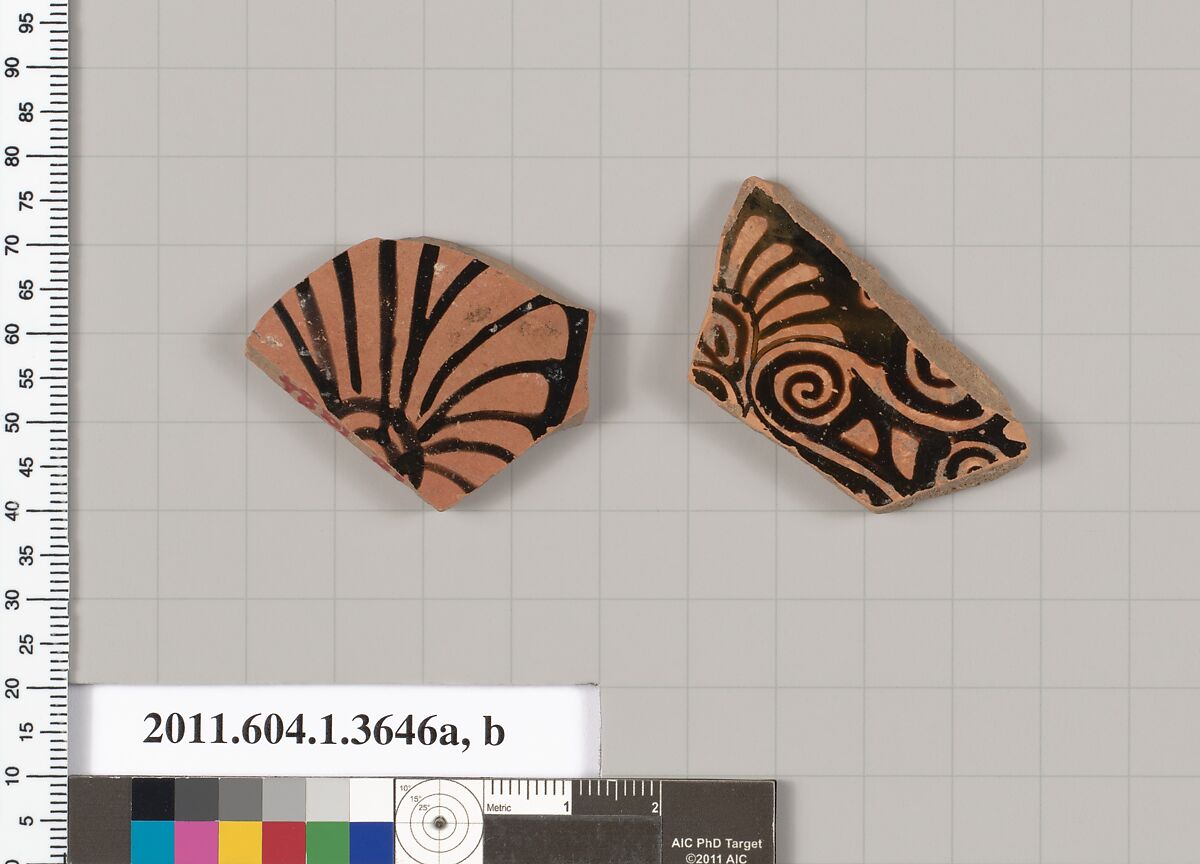 Terracotta fragments of kylikes (drinking cups), Terracotta, Greek, Attic