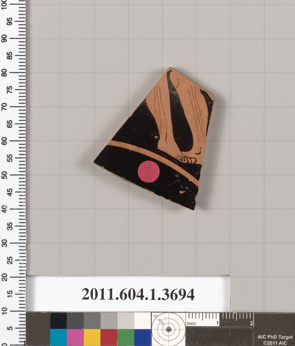 Terracotta fragment of a kylix (drinking cup), Terracotta, Greek, Attic