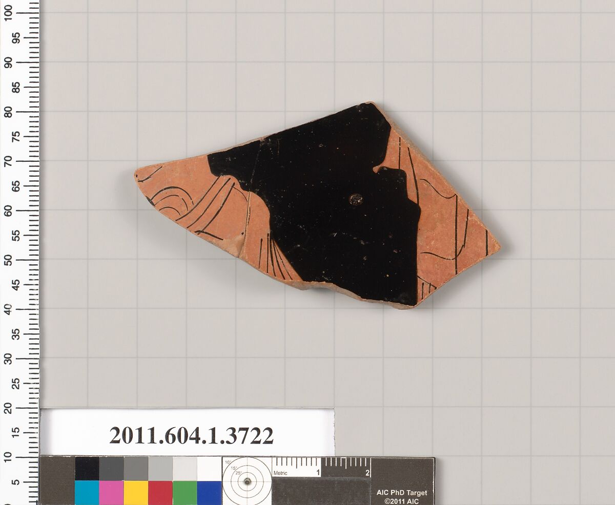Terracotta fragment of a kylix (drinking cup), Terracotta, Greek, Attic