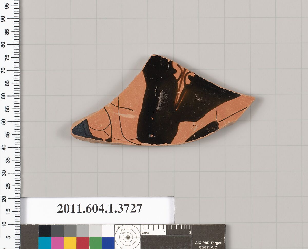 Terracotta fragment of a kylix (drinking cup), Terracotta, Greek, Attic