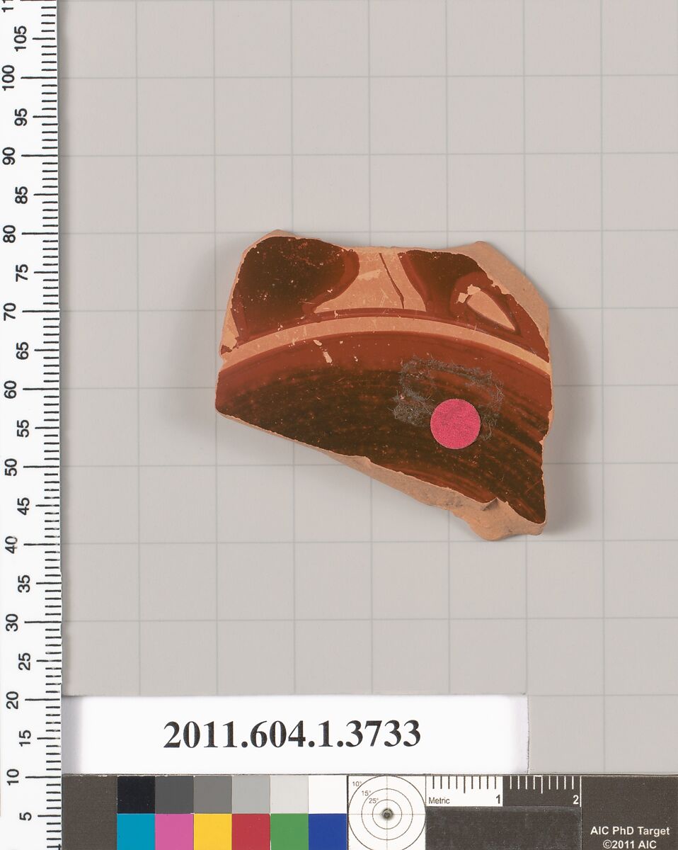 Terracotta fragment of a kylix (drinking cup), Terracotta, Greek, Attic