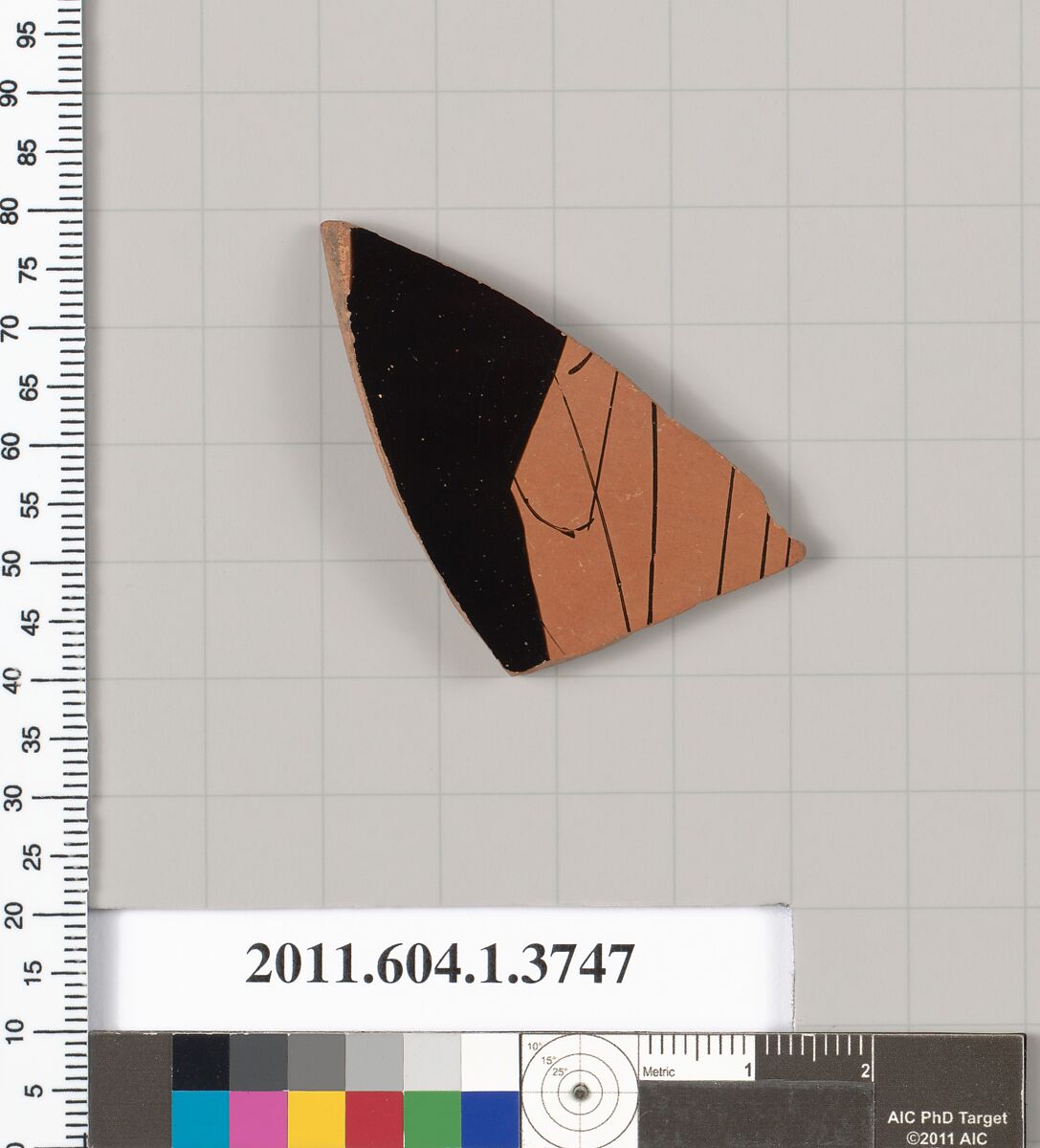 Terracotta fragment of a kylix (drinking cup), Terracotta, Greek, Attic
