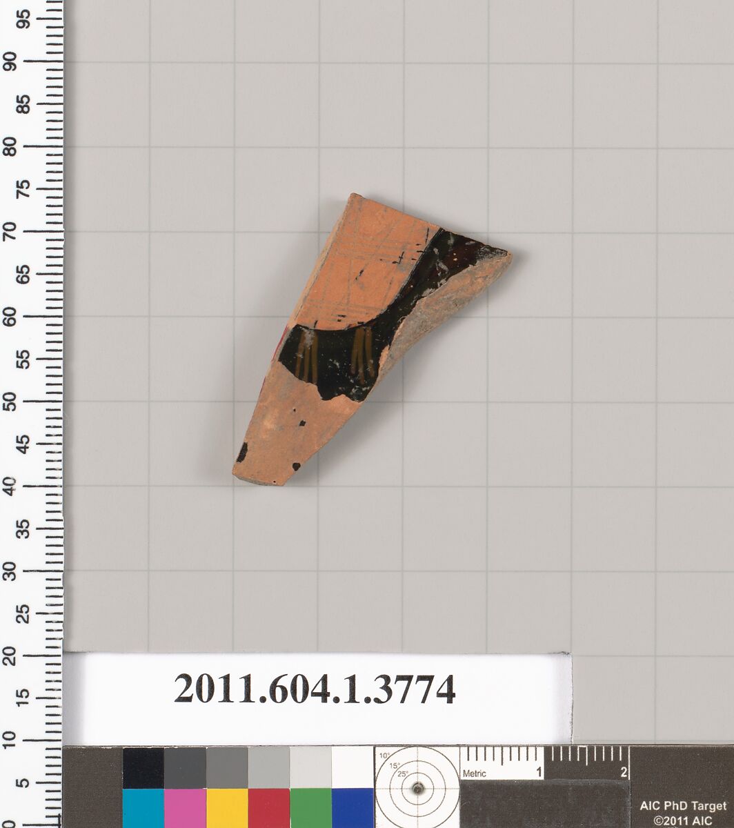 Terracotta fragment of a kylix (drinking cup), Terracotta, Greek, Attic