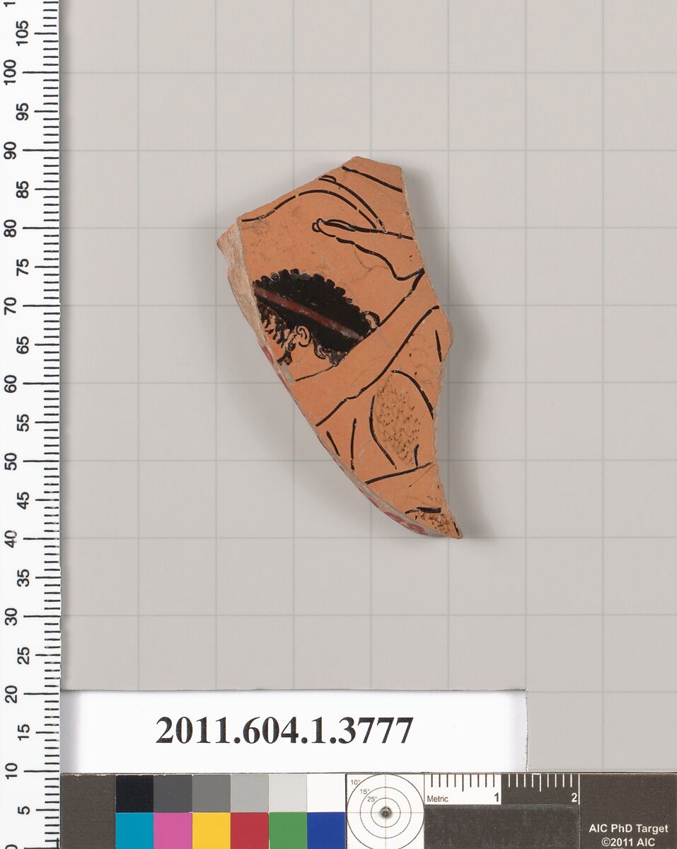 Terracotta fragment of a kylix (drinking cup), Terracotta, Greek, Attic