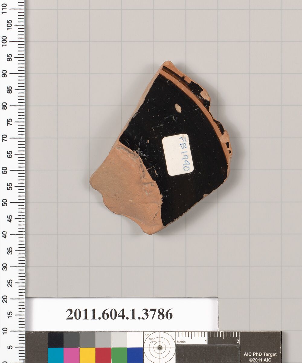 Terracotta fragment of a kylix (drinking cup), Terracotta, Greek, Attic