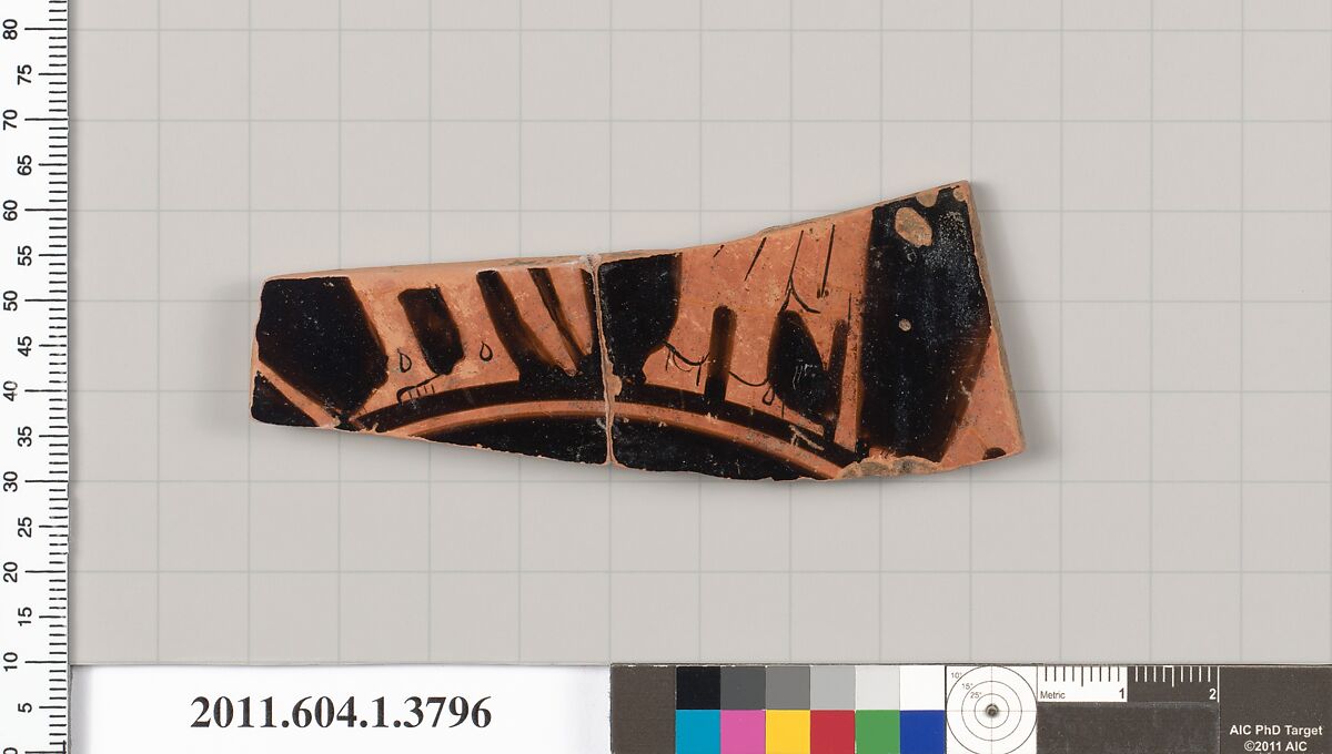 Terracotta fragment of a kylix (drinking cup), Terracotta, Greek, Attic