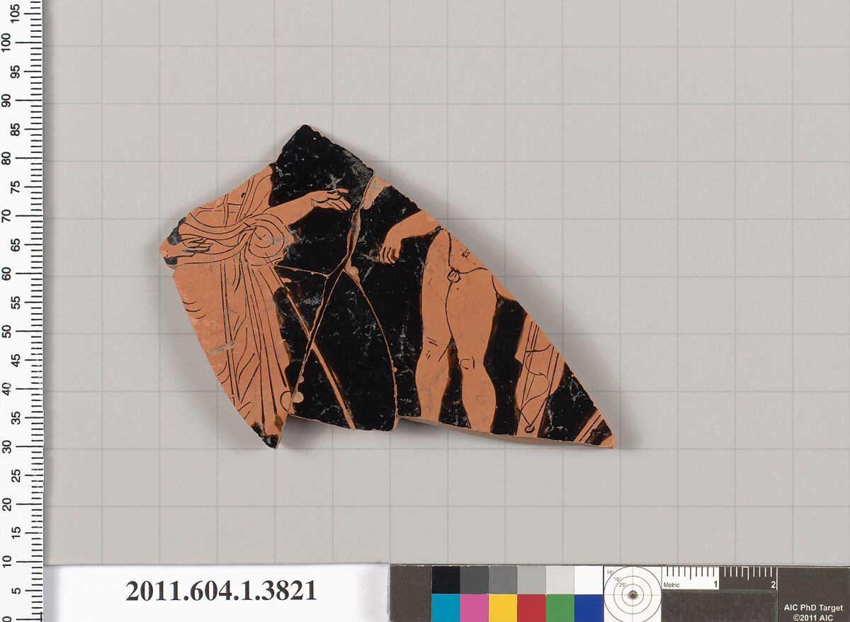 Terracotta fragment of a kylix (drinking cup), Terracotta, Greek, Attic