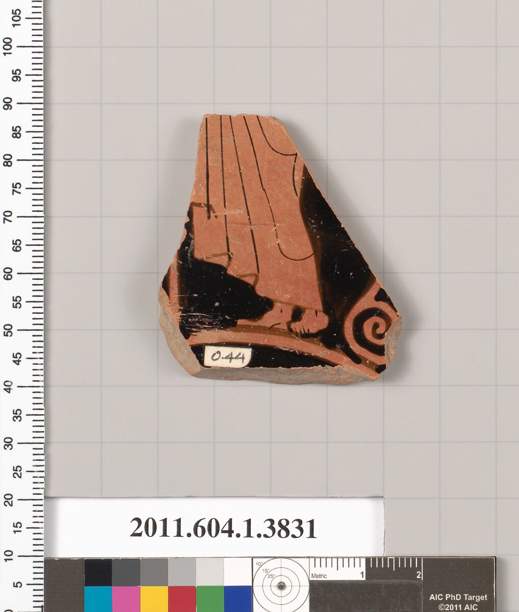 Terracotta fragment of a kylix (drinking cup), Terracotta, Greek, Attic