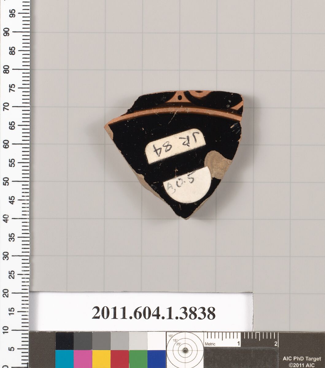 Terracotta fragment of a kylix (drinking cup), Terracotta, Greek, Attic