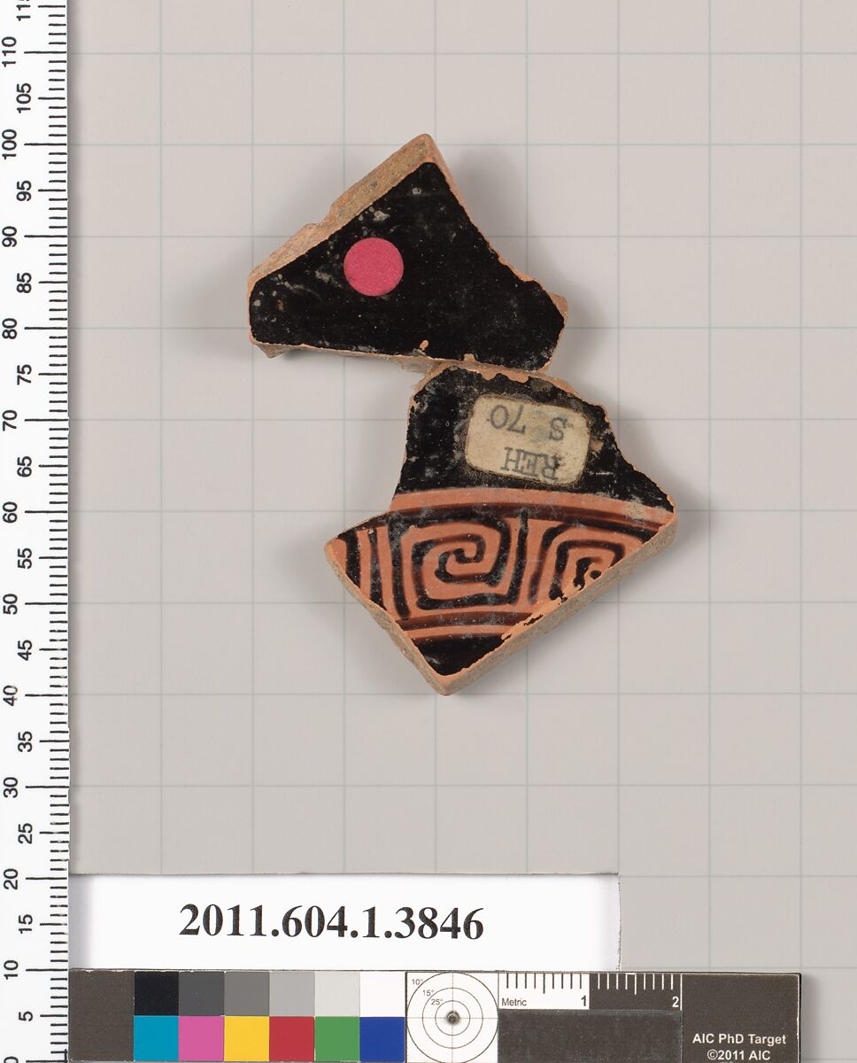 Terracotta fragment of a kylix (drinking cup), Terracotta, Greek, Attic 