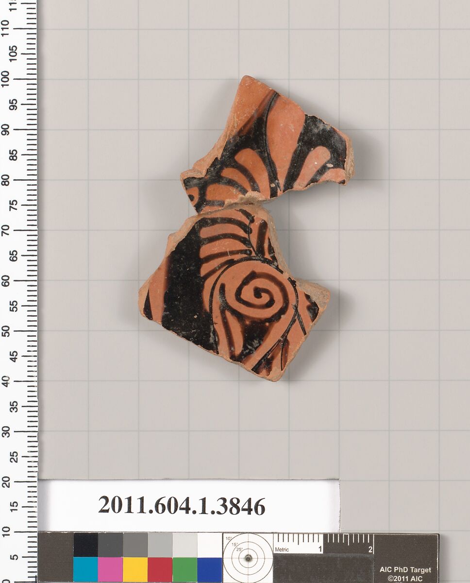 Terracotta fragment of a kylix (drinking cup), Terracotta, Greek, Attic