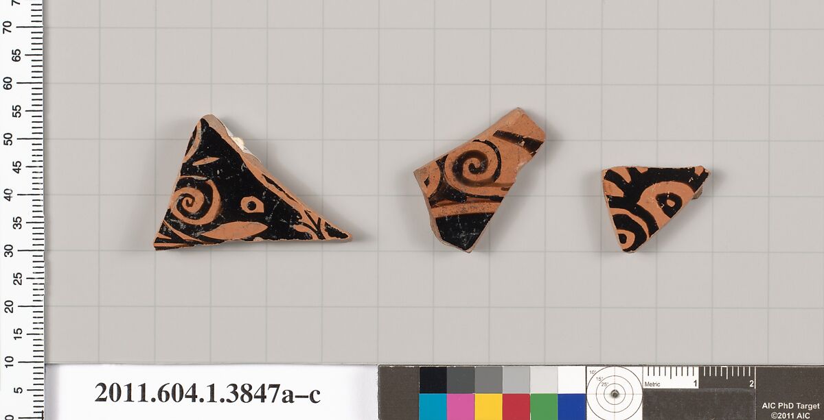 Terracotta fragments of kylikes (drinking cups), Terracotta, Greek, Attic