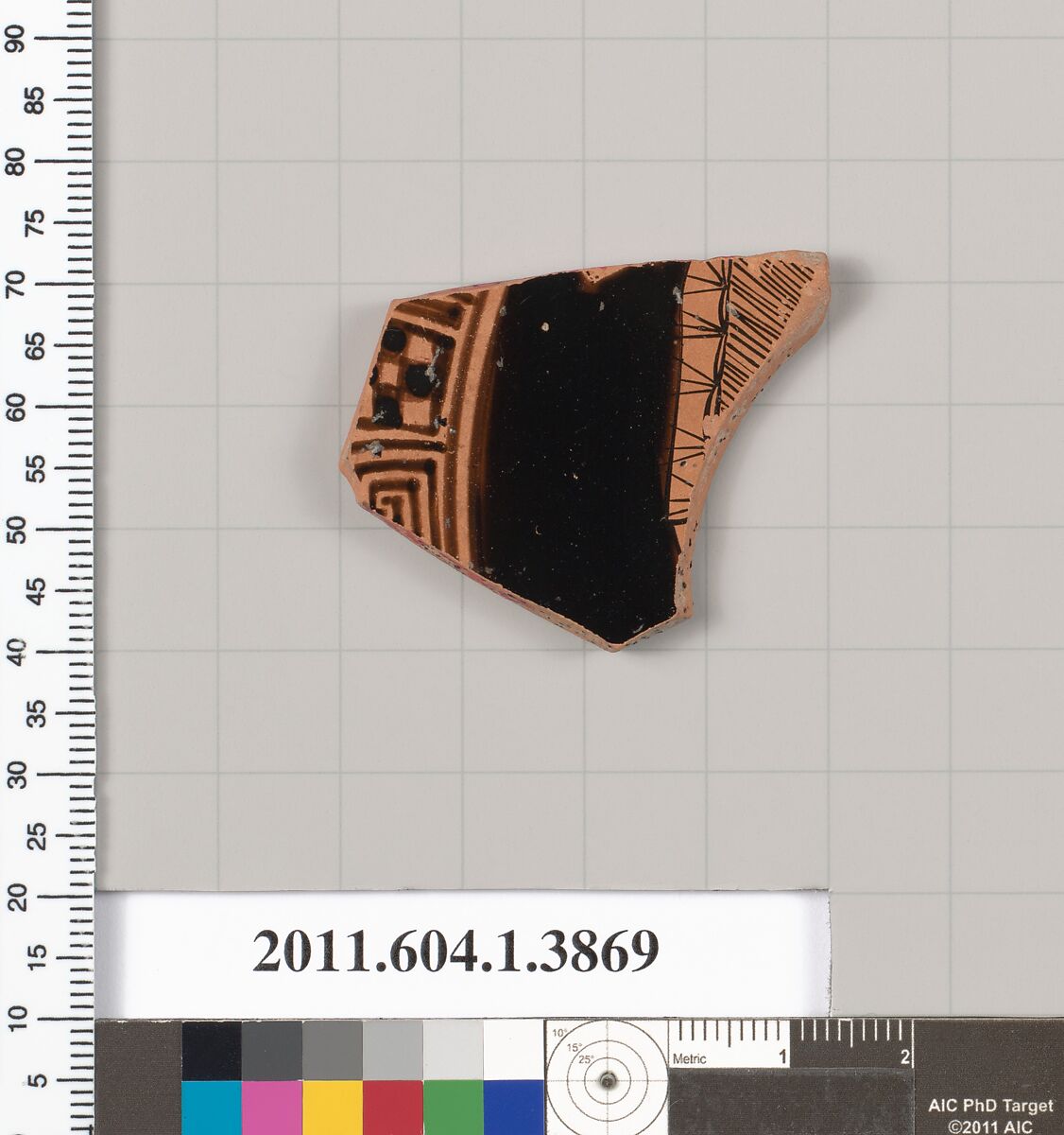 Terracotta fragment of a kylix (drinking cup), Terracotta, Greek, Attic 